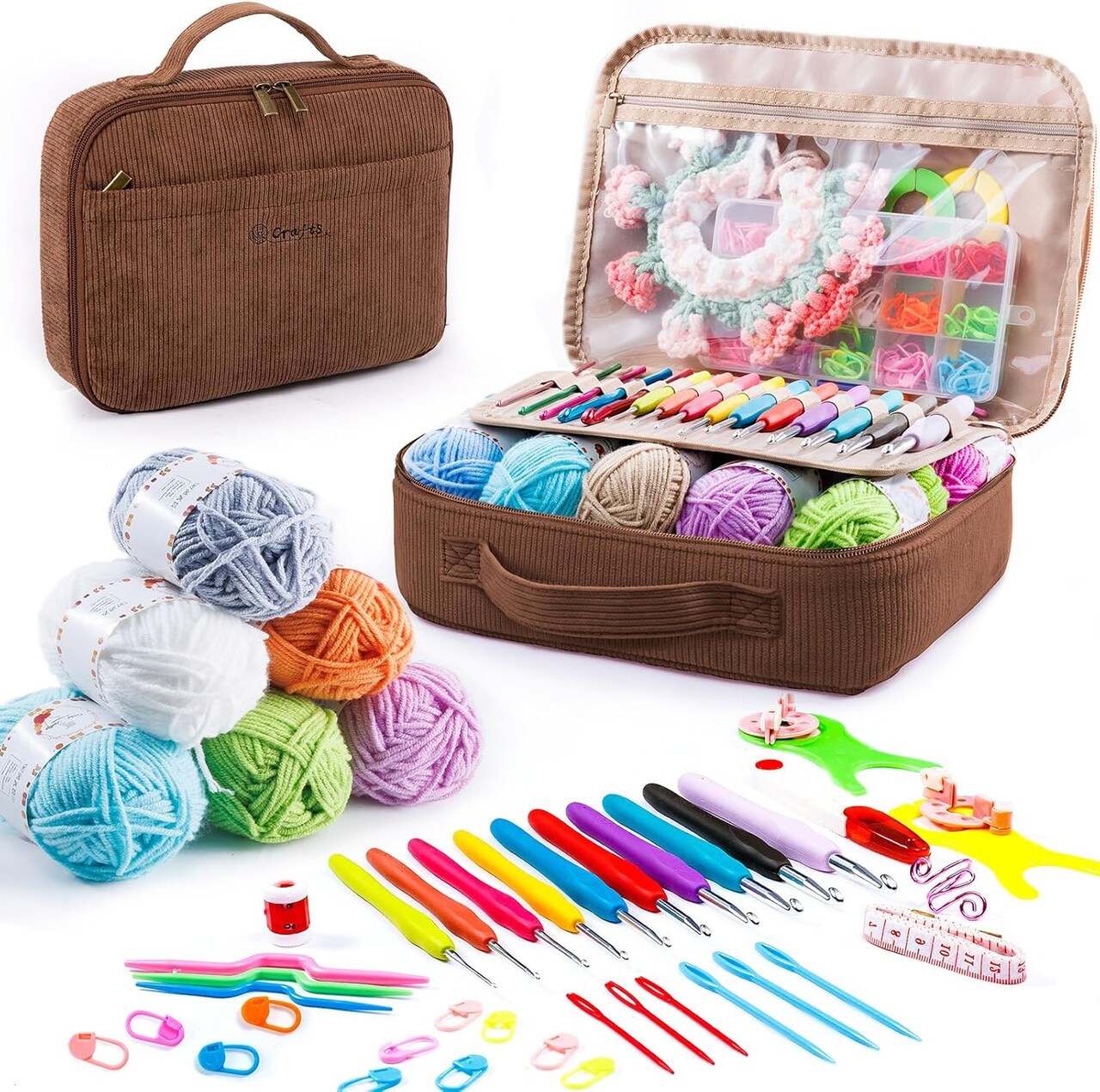 58-Piece Crochet Kit for Beginners – Includes 10 Hooks (2.0-6.0mm), 10 Skeins Yarn, Storage Bag
